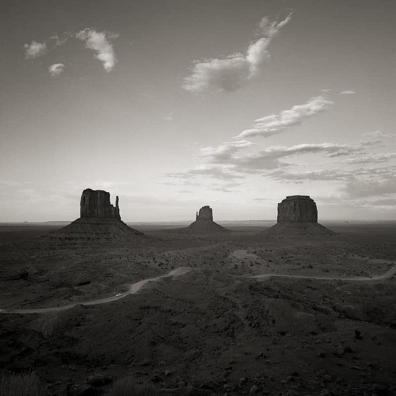 Mittens, Monument Valley America. Picture in black and white.
